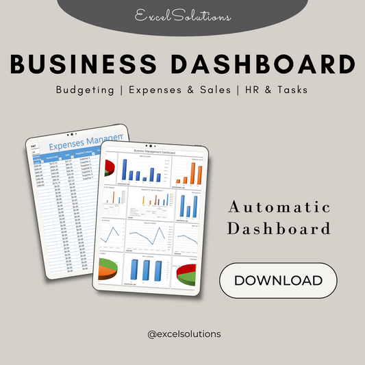 Business Dashboard Excel, Business Budget, Expenses & Incomes, Sales, HR, Tasks