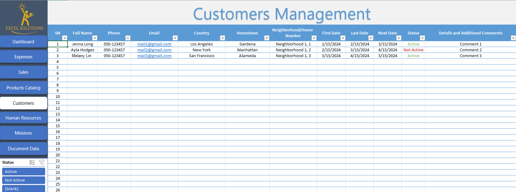 business dashboard excel - customers management