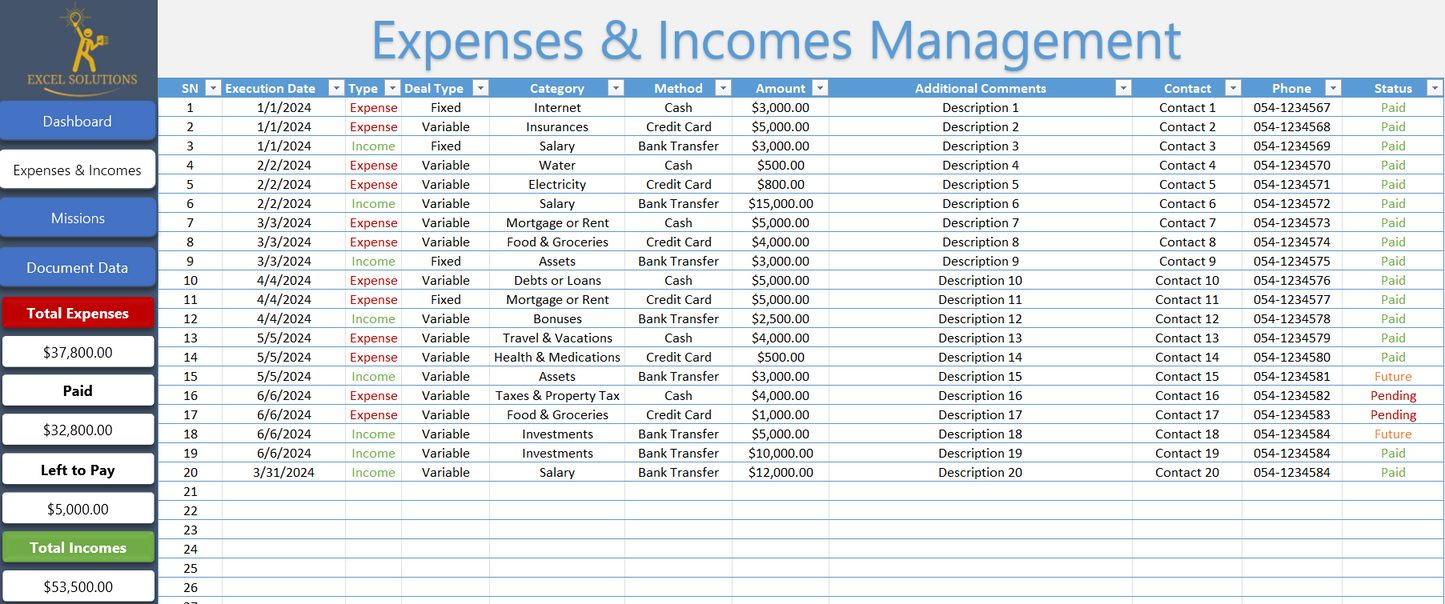 monthly budget template for personal and househould - expenses and incomes excel table